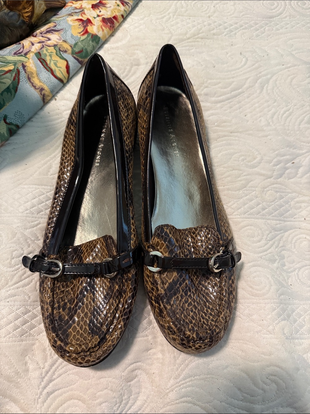 Etienne Aigner Brown Snakeskin-Print Loafers with Horsebit Accent